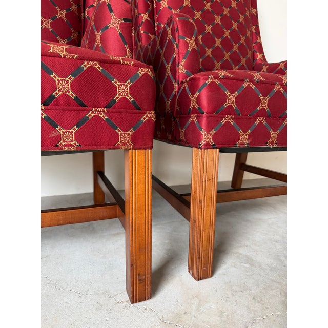 Wood Vintage Hickory Traditional Upholstered Wingback Armchairs – A Pair For Sale - Image 7 of 12