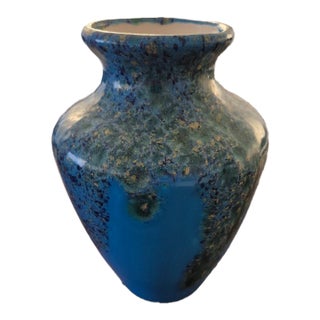 Vintage Mid-Century Modern Mottled Blue & Turquoise Studio Pottery Amphora Vase - Signed For Sale