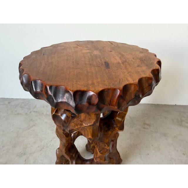 Vintage Organic Hand-Carved Mahogany Wood Plant Stand / Pedestal Table For Sale - Image 4 of 12