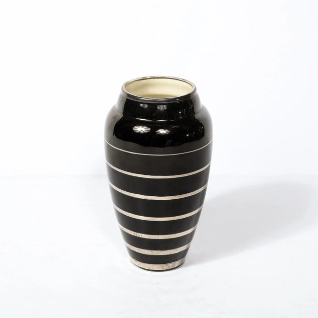Ceramic Mid-Century Ceramic Vase in Black With Graduated Silver Overlay Banded Detailing For Sale - Image 7 of 9