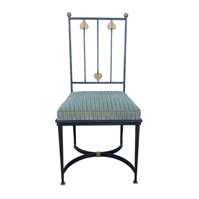 Fabulous Mid-Century hand-forged iron side chairs in the Manner of Gio Ponti and Tomaso Buzzi surrealist arrow motifs. Re-...