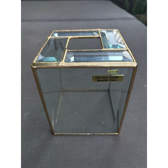Metal Vintage 1980s 24k Gold Leaded Beveled Glass Wastebasket & Tissue Box Cover For Sale - Image 7 of 12