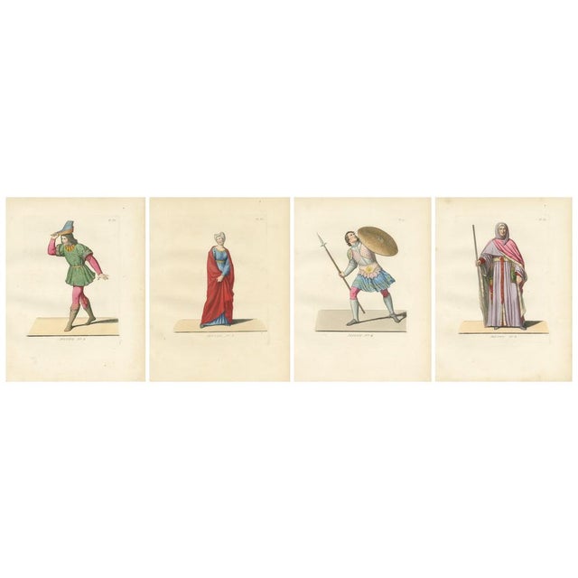 Set of Four Medieval Costume Figures, Hand-Colored Engravings, France 1845 This attractive set of four original hand-...