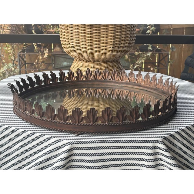 Large Vintage Italian Tole Acanthus Leaf Round Mirrored Tray / Mirrored Plateau / Round Mirrored Cocktail Tray For Sale - Image 12 of 17