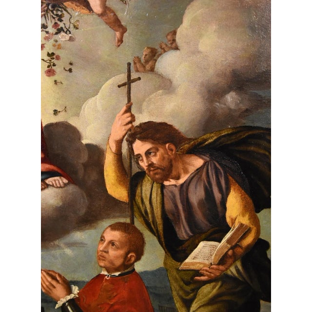Workshop of Ippolito Scarsella / Lo Scarsellino, Madonna and Child with Saint James, 1590, Oil on Board For Sale - Image 8 of 18