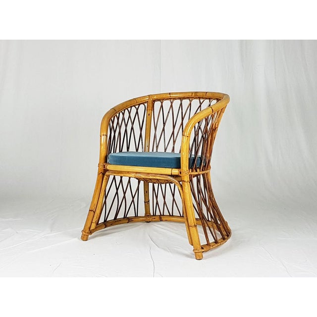 Rush, Rattan and Blue Velvet Armchair, 1960s For Sale - Image 6 of 13
