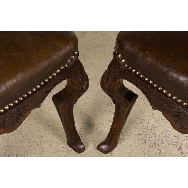 Antique French Louis XV Style Oak Dining Chairs W/ Brown Leather - Set of 8 For Sale - Image 10 of 18