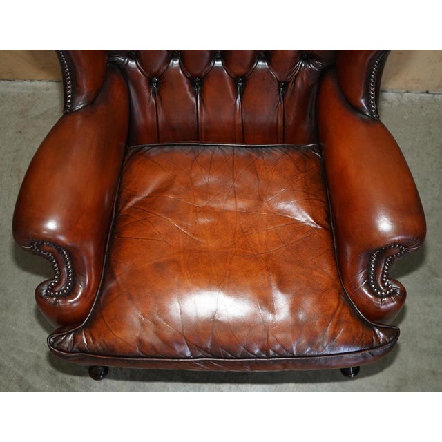 Chesterfield Wingback Chairs and Ottomans in Brown Leather, Set of 4 For Sale - Image 6 of 18