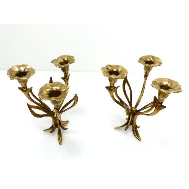 Gold Three-Light Tripod Brass Candlesticks with Organic Floral Decoration, 1960s, Set of 2 For Sale - Image 8 of 8