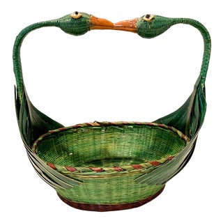 Vintage Rattan & Wicker Kissing Swan Handle Animal Basket in the Manner of Mario Lopez Torres For Sale