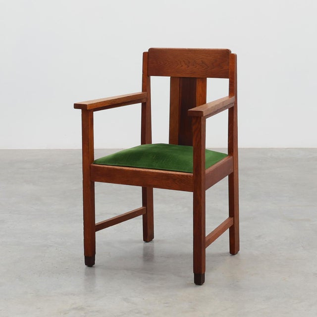 Amsterdamse School Oak and Velvet Side Chair, the Netherlands, 1920s For Sale - Image 15 of 15