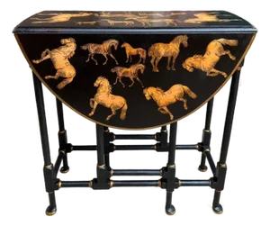 Antique English Drop Leaf Side Table Horse Equestrian Chinoiserie Petite Oak