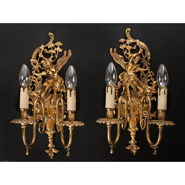 1950s Spanish Empire Cast Brass Winged Goddess Nike Victory 2-Light Wall Sconces - A Symmetrical Pair For Sale - Image 9 of 12