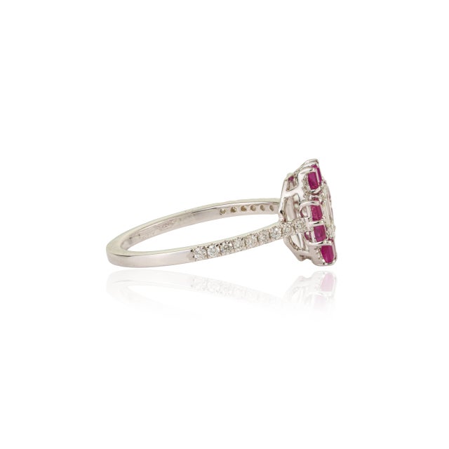 Metal 14k White Gold Ruby & Emerald-Cut Diamond Art Deco Cluster Ring Size 9 For Sale - Image 7 of 15