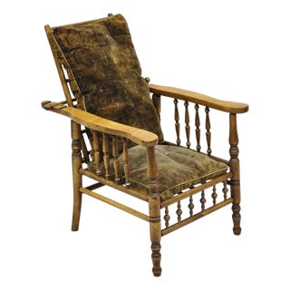Antique Arts & Crafts Mission Turn Carved Walnut Small Child's Morris Chair For Sale