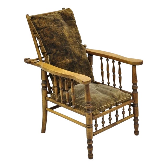 Antique Arts & Crafts Mission Turn Carved Walnut Small Child's Morris Chair For Sale