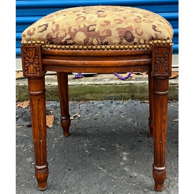 French French Style Carved Fruitwood Ottomans Stools in Needlepoint Leopard - Pair For Sale - Image 3 of 7