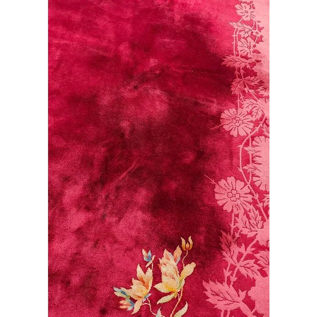 Textile 1920s Red Wine Open Field Daisies Floral Antique Chinese Art Deco Rug For Sale - Image 7 of 12