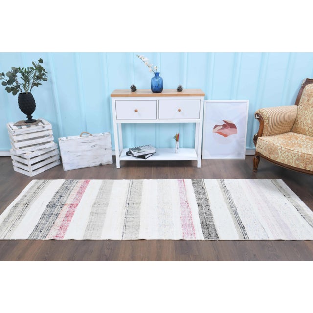 Boho Chic Vintage Turkish Hand-Knotted Wool Cotton White Kilim Runner Rug For Sale - Image 3 of 10