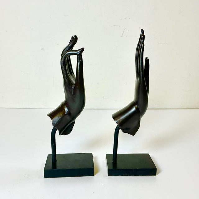 Metal Mid-Century Asian Boho Chic Cast Metal Buddha Hand Sculpture - Set of 2. For Sale - Image 7 of 13