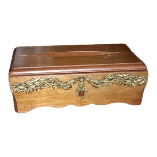 Ornamental Rectangle Artisan Walnut Wooden Tissue Holder Box Cover: Brown Natural Solid Wood & Gold With Hinged Lid & Vintage Cottage Scalloped Design For Sale