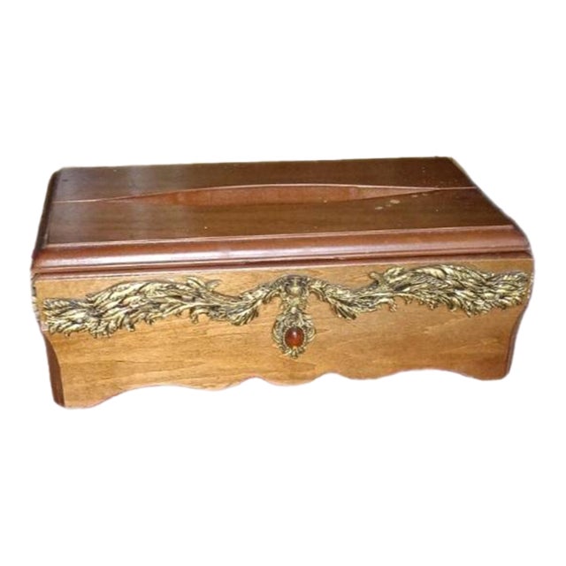 Traditional Country Rustic Elegant Box: Solid Wood, Hinged Lid, Gold Tone Trim, Scalloped Walnut Ornamental Facial Tissue Napkin Holder Decor For Sale