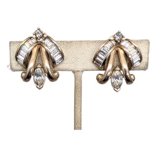 Vintage 1950s Signed Pennino Goldtone & Clear Rhinestone Clip Earrings-2 Pieces For Sale