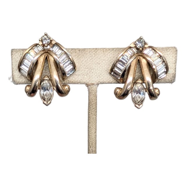 Vintage 1950s Signed Pennino Goldtone & Clear Rhinestone Clip Earrings-2 Pieces For Sale