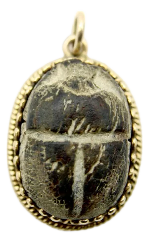 1920s 14k Gold Egyptian Revival Scarab Faience Pendant With Decorative Border