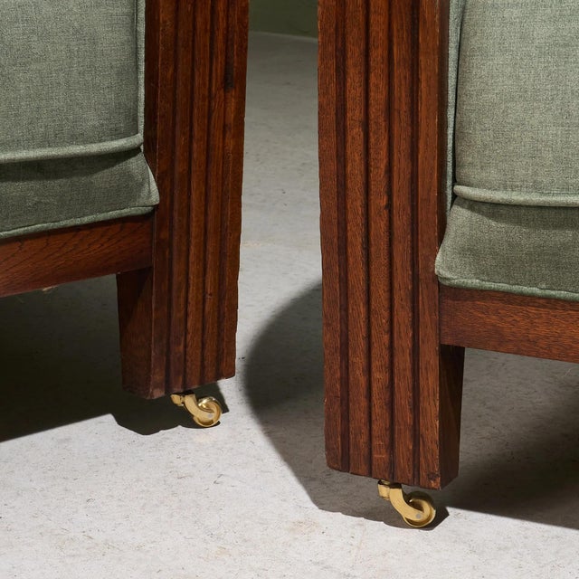 Brown Art Deco Lounge Chairs in Sage Upholstery with Oak Frames, Netherlands, Set of 2 For Sale - Image 8 of 9