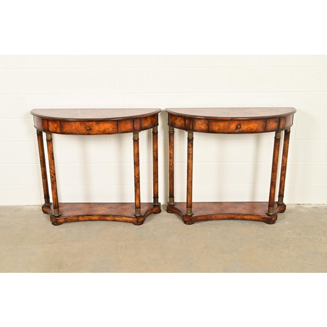 Maitland Smith Style French Empire Burl Wood and Gold Gilt Demilune Console Table For Sale - Image 15 of 16