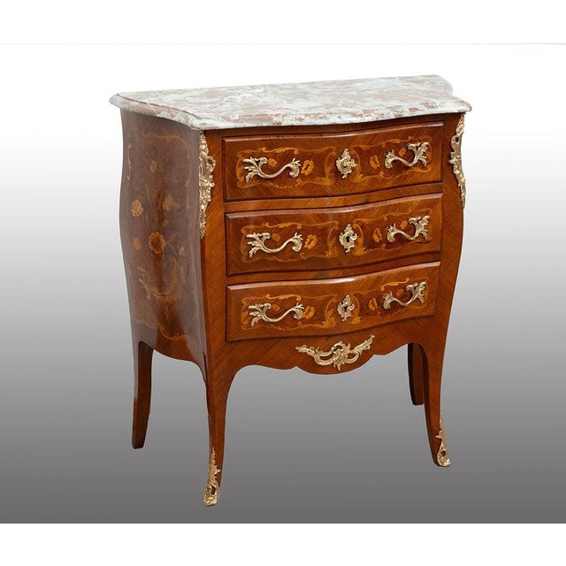 Metal Antique Napoleon III Chest of Drawers in Polychrome Wood with Marble Top, France, 19th Century For Sale - Image 7 of 7