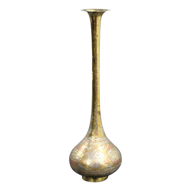 Antique Islamic Persian Revival Brass Vase with Silver & Copper Inlay 19th C For Sale