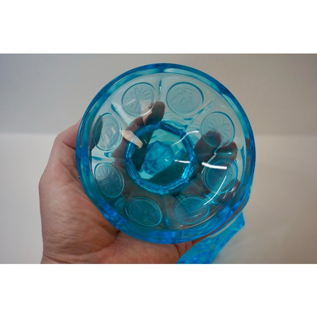 Mid-Century Modern Vintage Fostoria Blue Glass Pedestal Candy Dish With Lid – Coin Pattern For Sale - Image 3 of 6
