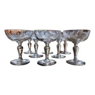 Art Deco Engraved Glass Champagne Coupes from Meisenthal, 1930s, Set of 8 For Sale