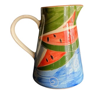 Hand Decorated Portuguese Pottery Pitcher With Watermelon Pineapple Motif For Sale