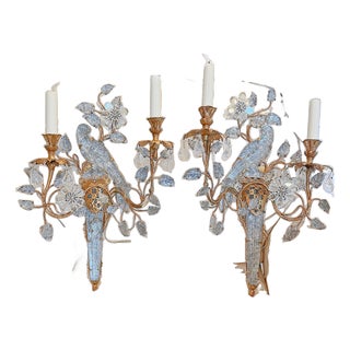 Early 20th Century Maison Bagues Crystal Parrot and Gilt Tole Two Light Wall Sconces - A Pair For Sale