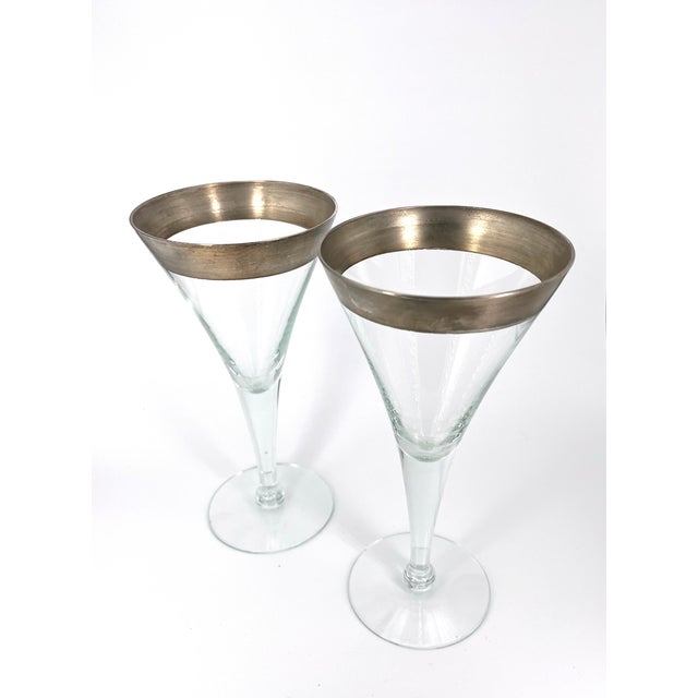 Mid century Dorothy Thorpe Goblets. Sold as a set of 4, two sets (of 4) available. Blown glass with one inch silver banded...