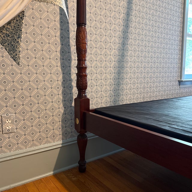 Wood Solid Mahogany Rice Carved Four Poster Queen Bed With Canopy Frame and Low-Profile Boxspring For Sale - Image 7 of 12
