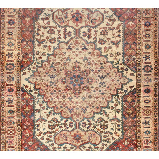 Antique Feraghan Sarouk Rug in Ivory Background, Brown Red, Camel, and Teal For Sale - Image 4 of 13