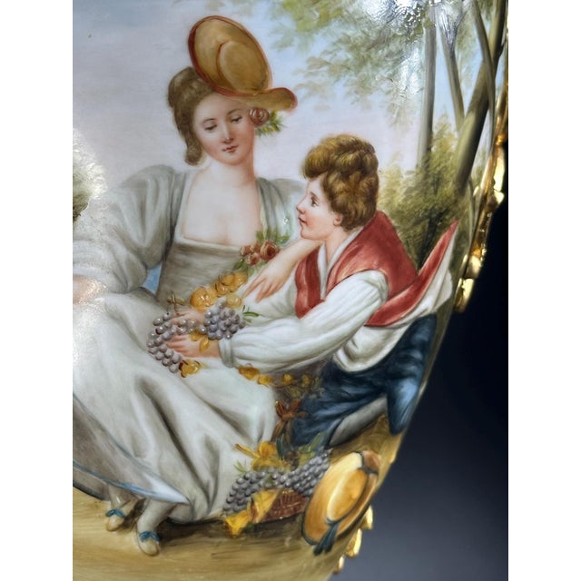 Vintage French Rococo Style Hand-Painted Porcelain Vase with Swan Handles and Gilded Details from Retier, 1920s For Sale - Image 4 of 11