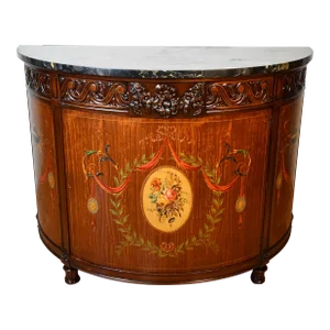 1910 Antique French Walnut & Satinwood Hand Painted and Marble Top Demi-Lune Cabinet