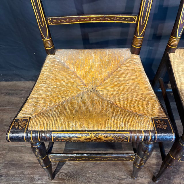 Brown Early 19th Century American Painted Hitchcock-Style Side Chairs With Rush Seats and Gilt Stenciling For Sale - Image 8 of 12