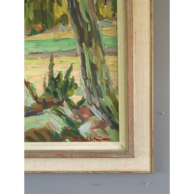 Textile Mid-Century Modern 'Autumn Meadow' Vintage Original Landscape Oil Painting, Framed For Sale - Image 7 of 11