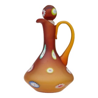 Murano Fratelli Toso Vintage Orange Millefiori Flowers Italian Art Glass Satin Surface Ewer Cruet Pitcher For Sale