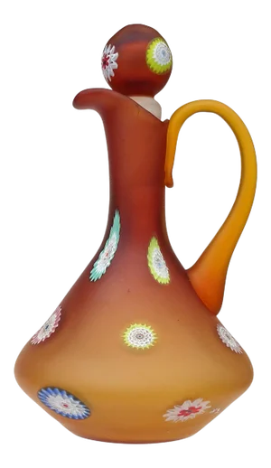 Vintage Murano Fratelli Toso Orange Millefiori Flowers Italian Art Glass Satin Surface Ewer Cruet Pitcher