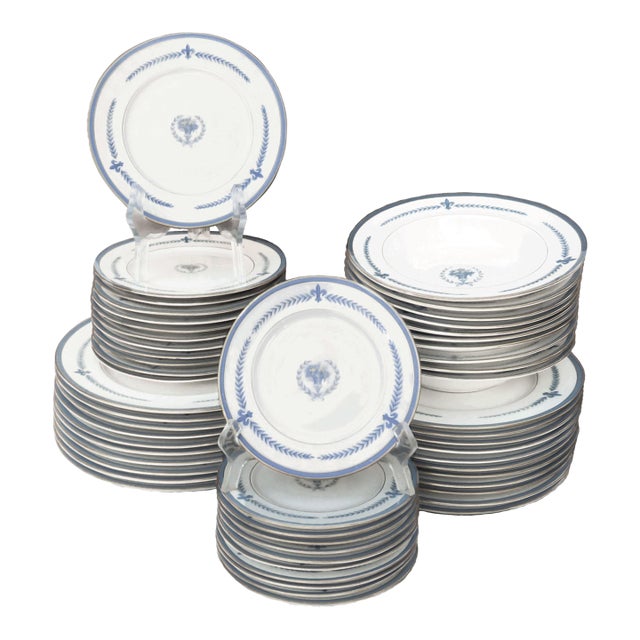 Vintage French Blue & Ivory Fleur De Lys China, 10+ Place Settings, 55 Pieces For Sale