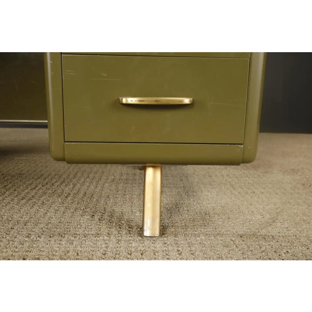 Mid-Century Modern Steel Tanker Desk in Olive Green W Glass Top and Brass, 1960s For Sale - Image 16 of 18