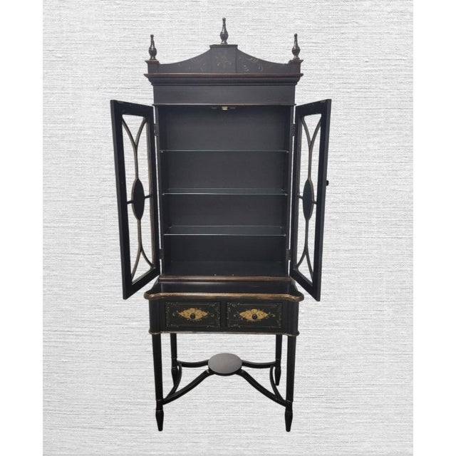 Vintage Pagoda Black Chinoiserie Glass Front Storage Curio Cabinet For Sale - Image 13 of 17