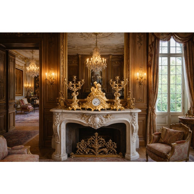 1860 French Louis XV Gilt Ormolu Clock Set – 3 Pieces For Sale - Image 17 of 17